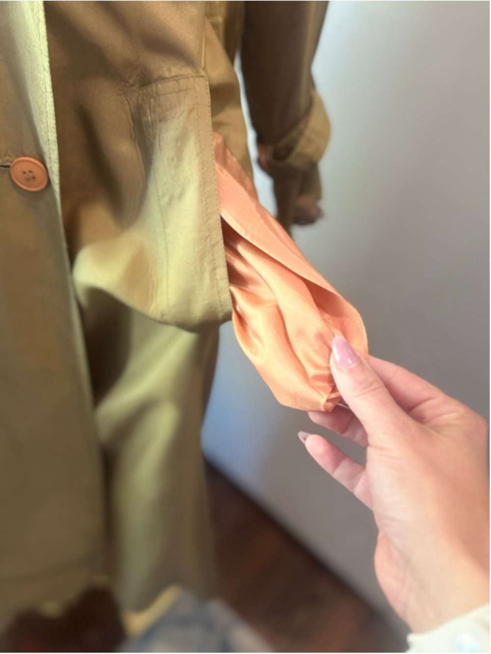 Vintage Silk Trench Coat Gold Bronze olive Iridescent Belted Duster Women’s L - Picture 15 of 16